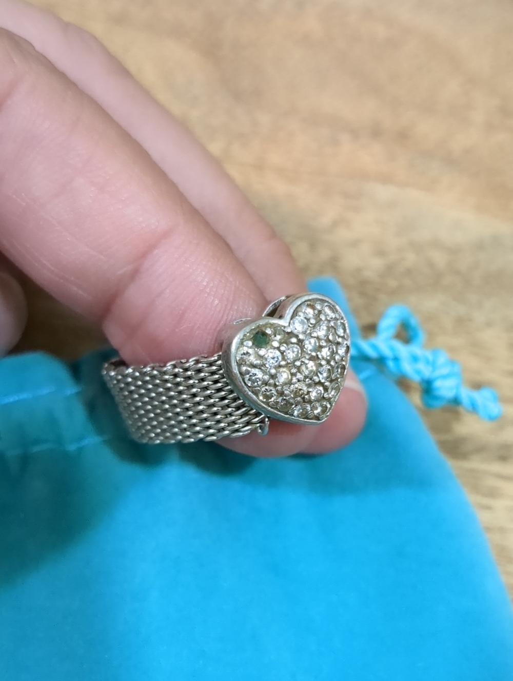 Sterling Silver Heart Pavé Mesh Bracelet - Sparkling Clear Crystals Ring